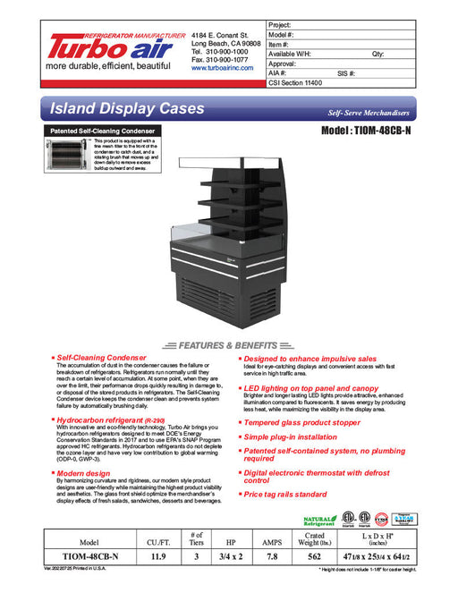 Turbo Air TIOM-48CB-N 48" Black Square Glass Island Display Case – Open Air Merchandiser, 220v - Bakery Wholesalers