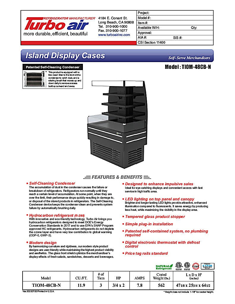 Turbo Air TIOM-48CB-N 48" Black Square Glass Island Display Case – Open Air Merchandiser, 220v - Donut-Equipment.com