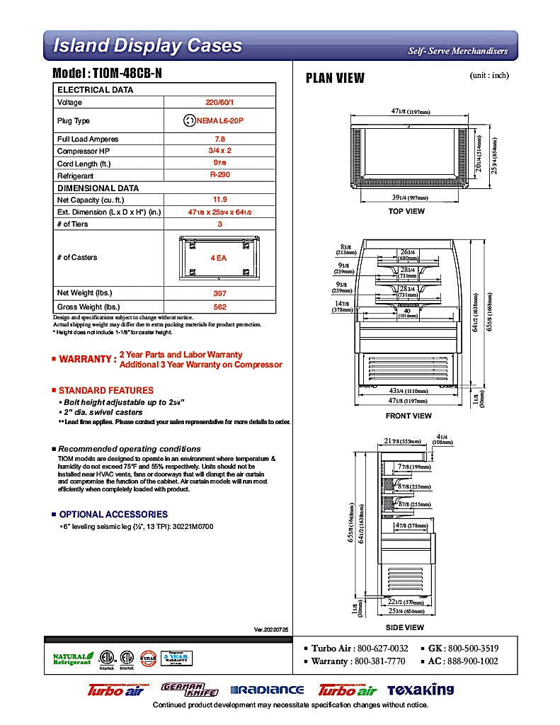 Turbo Air TIOM-48CB-N 48" Black Square Glass Island Display Case – Open Air Merchandiser, 220v - Donut-Equipment.com