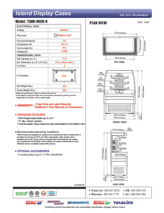 Turbo Air TIOM-48CB-N 48" Black Square Glass Island Display Case – Open Air Merchandiser, 220v - Bakery Wholesalers