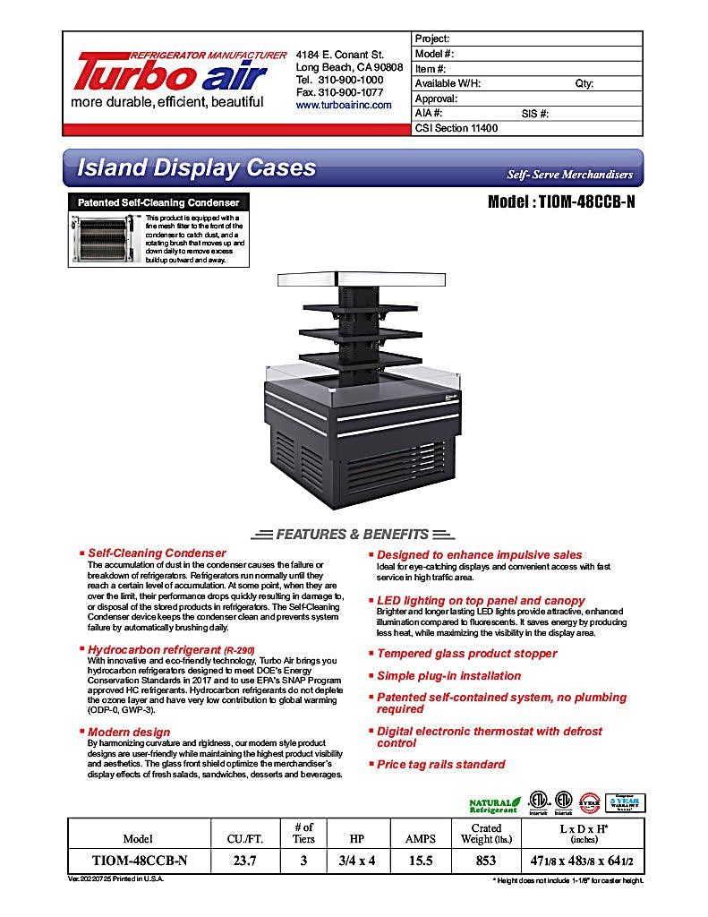 Turbo Air TIOM-48CCB-N 48" Square Island Open Air Cooler w/ (4) Display Shelves, Black Exterior, 220v - Donut-Equipment.com