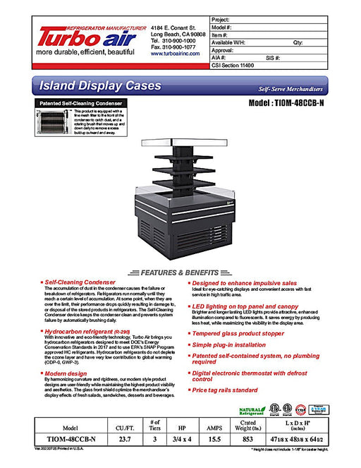 Turbo Air TIOM-48CCB-N 48" Square Island Open Air Cooler w/ (4) Display Shelves, Black Exterior, 220v - Donut-Equipment.com