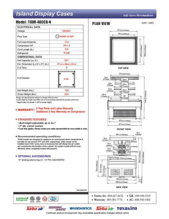 Turbo Air TIOM-48CCB-N 48" Square Island Open Air Cooler w/ (4) Display Shelves, Black Exterior, 220v - Bakery Wholesalers