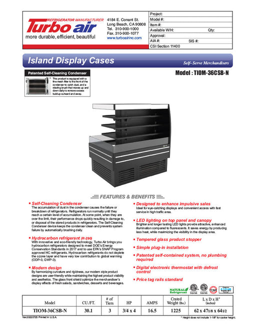 Turbo Air TIOM-48CSB-N 73" Square Island Open Air Merchandiser, 36 Cu. Ft., Self-Serve, Black, 220v - Bakery Wholesalers