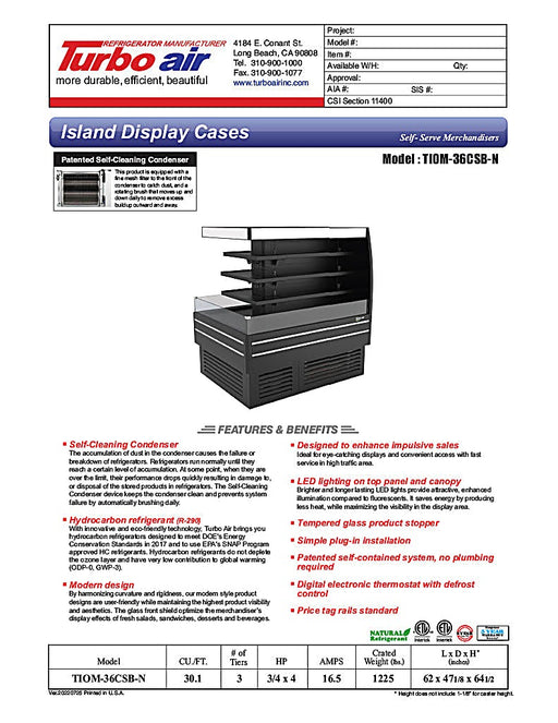 Turbo Air TIOM-48CSB-N 73" Square Island Open Air Merchandiser, 36 Cu. Ft., Self-Serve, Black, 220v - Donut-Equipment.com