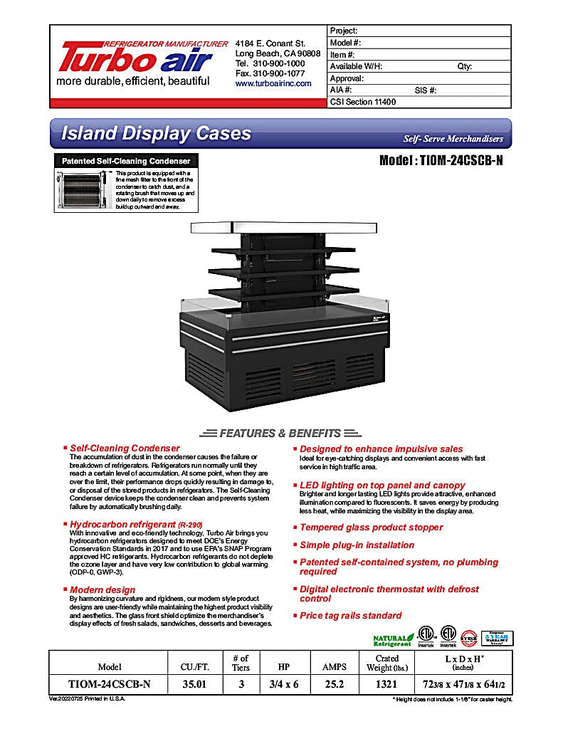 Turbo Air TIOM-24CSCB-N 72" Square Glass Island Open Air Merchandiser, 24 Cu. Ft., Self-Serve, Black, 220v - Donut-Equipment.com