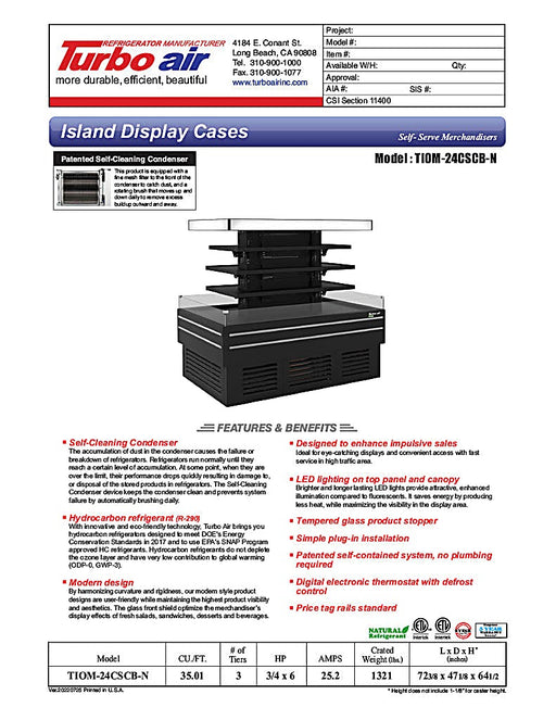 Turbo Air TIOM-24CSCB-N 72" Square Glass Island Open Air Merchandiser, 24 Cu. Ft., Self-Serve, Black, 220v - Donut-Equipment.com