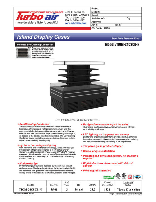 Turbo Air TIOM-24CSCB-N 72" Square Glass Island Open Air Merchandiser, 24 Cu. Ft., Self-Serve, Black, 220v - Bakery Wholesalers