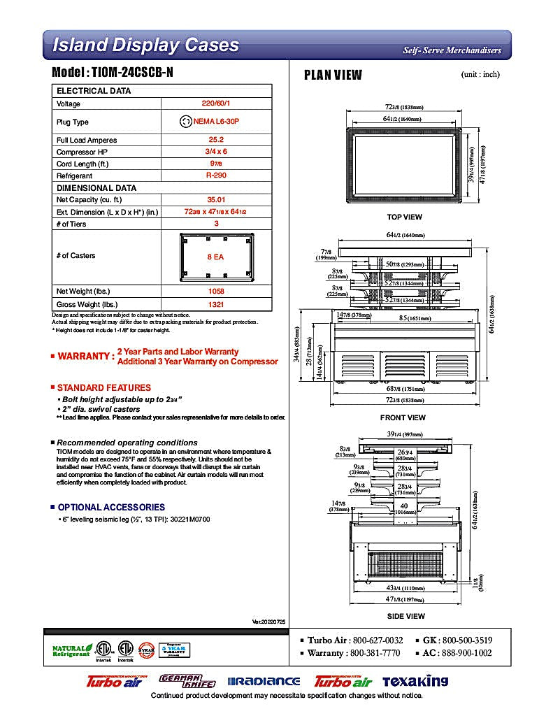 Turbo Air TIOM-24CSCB-N 72" Square Glass Island Open Air Merchandiser, 24 Cu. Ft., Self-Serve, Black, 220v - Donut-Equipment.com