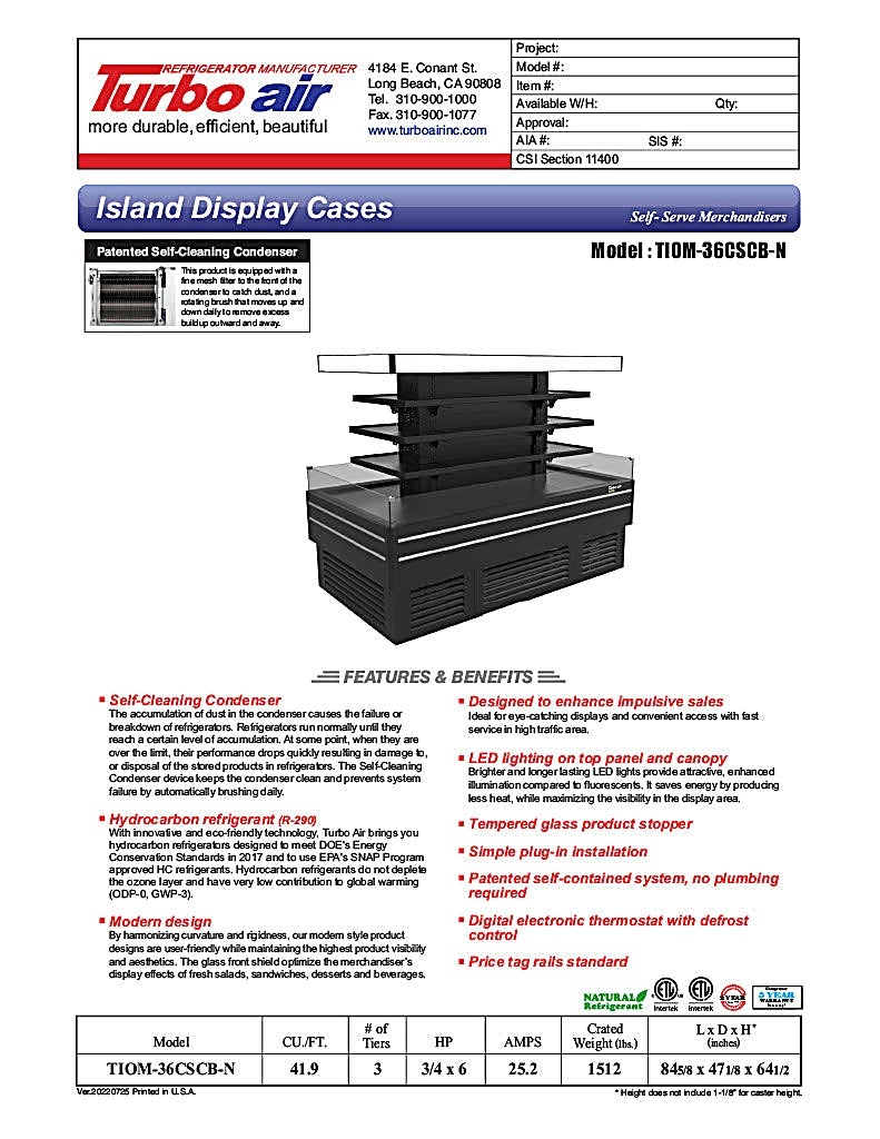 Turbo Air TIOM-36CSCB-N 84" Square Glass Island Open Air Merchandiser, 36 Cu. Ft., Self-Serve, Black, 220v - Donut-Equipment.com