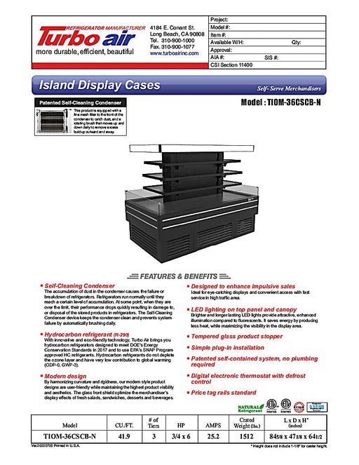 Turbo Air TIOM-36CSCB-N 84" Square Glass Island Open Air Merchandiser, 36 Cu. Ft., Self-Serve, Black, 220v - Donut-Equipment.com