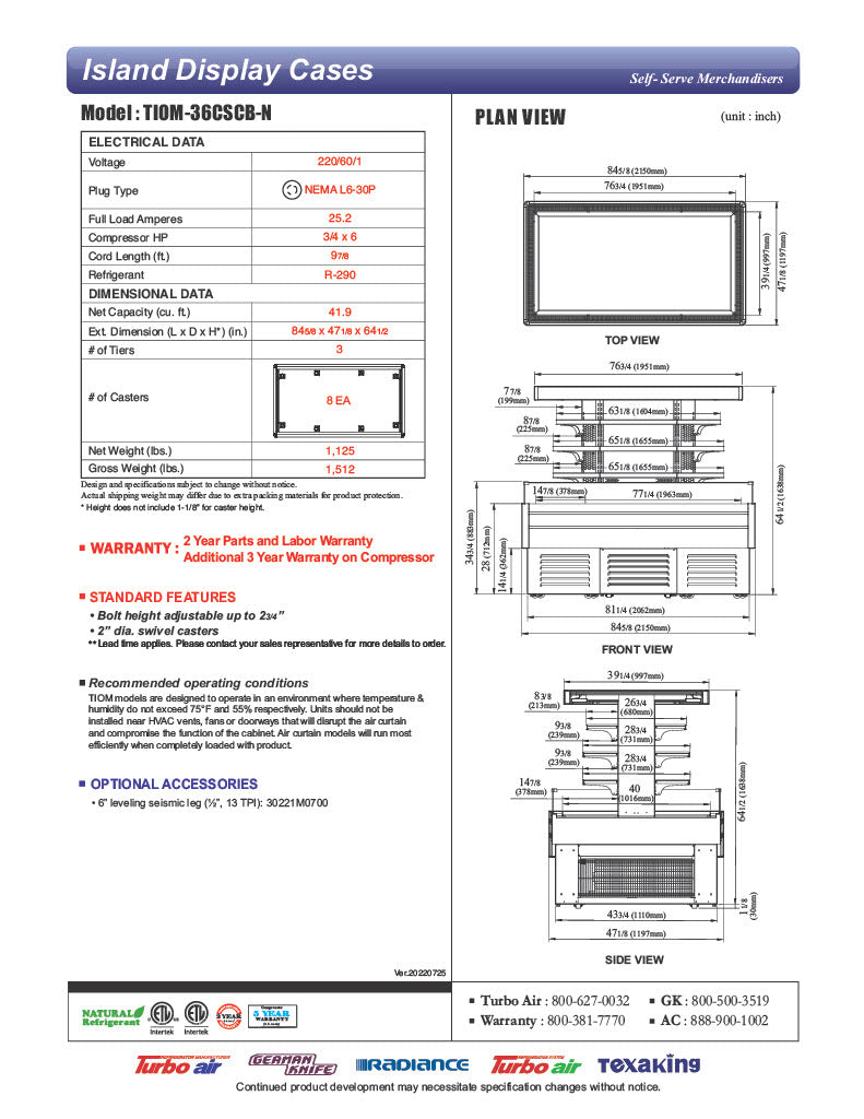 Turbo Air TIOM-36CSCB-N 84" Square Glass Island Open Air Merchandiser, 36 Cu. Ft., Self-Serve, Black, 220v - Donut-Equipment.com