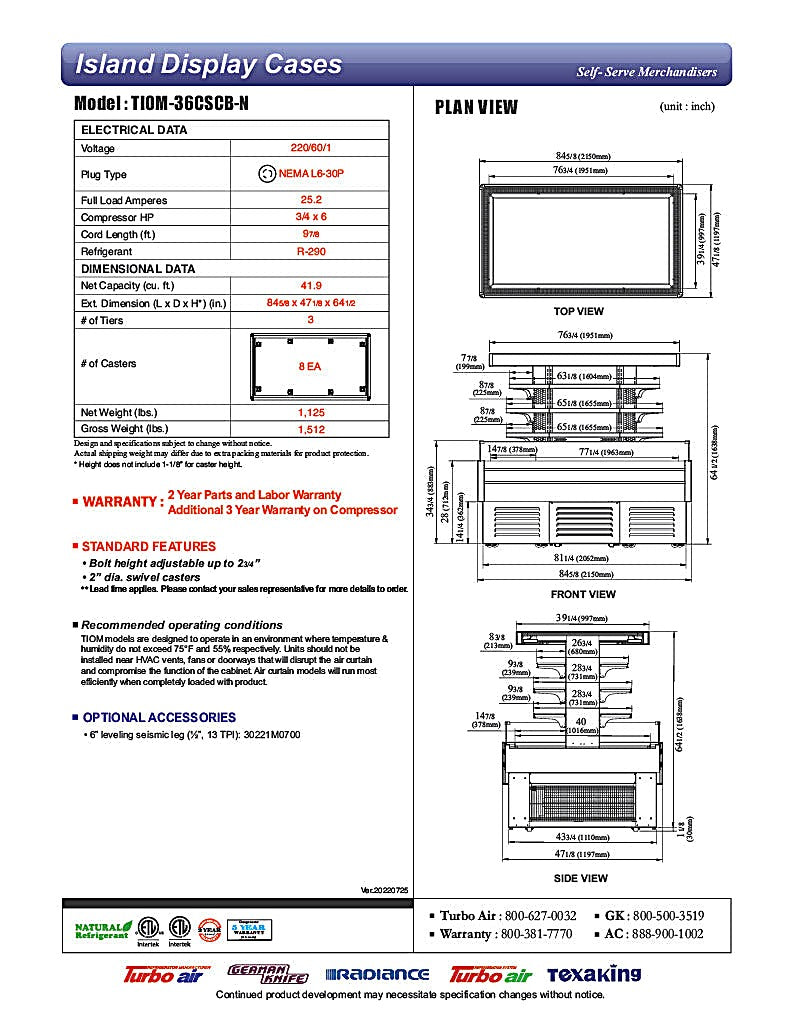 Turbo Air TIOM-36CSCB-N 84" Square Glass Island Open Air Merchandiser, 36 Cu. Ft., Self-Serve, Black, 220v - Donut-Equipment.com