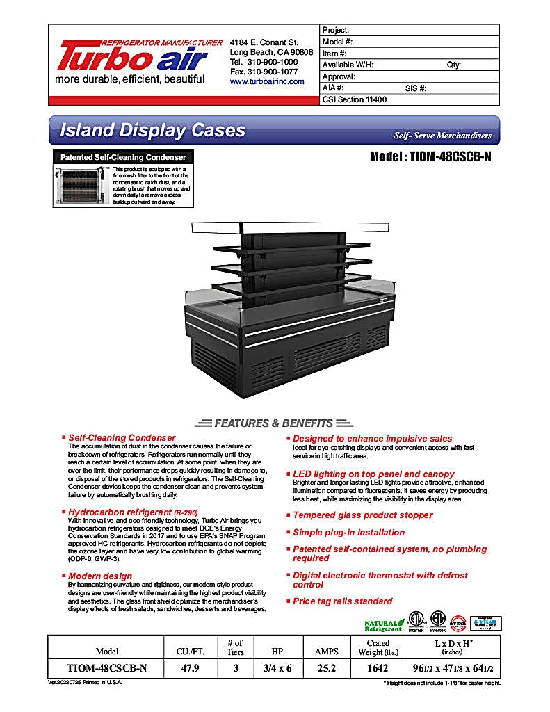 Turbo Air TIOM-36CSCB-N 84" Square Glass Island Open Air Merchandiser, 36 Cu. Ft., Self-Serve, Black, 220v - Donut-Equipment.com