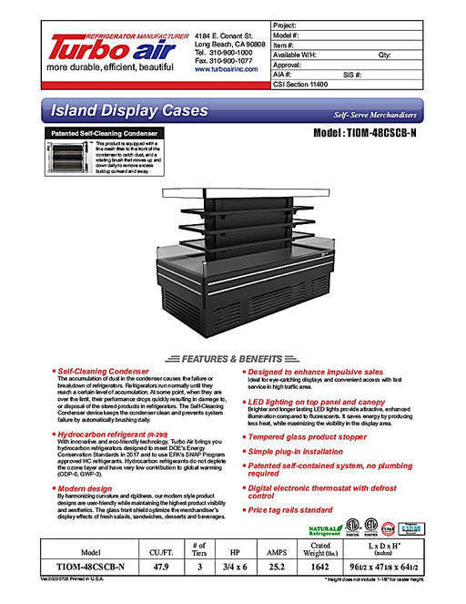 Turbo Air TIOM-36CSCB-N 84" Square Glass Island Open Air Merchandiser, 36 Cu. Ft., Self-Serve, Black, 220v - Donut-Equipment.com