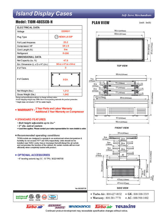 Turbo Air TIOM-36CSCB-N 84" Square Glass Island Open Air Merchandiser, 36 Cu. Ft., Self-Serve, Black, 220v - Bakery Wholesalers