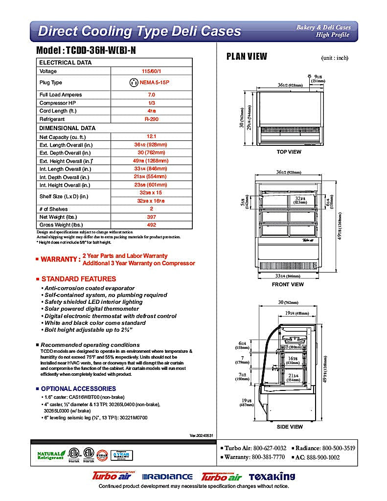 Turbo Air TCDD-36H-W-N 36" Curved Glass Full-Service Deli Display Case, 3 Levels, White Exterior, 115v - Donut-Equipment.com