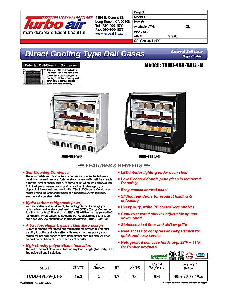 Turbo Air TCDD-48H-B-N 48" Curved Glass Full-Service Deli Display Case, 3 Levels, Black Exterior, 115v - Donut-Equipment.com
