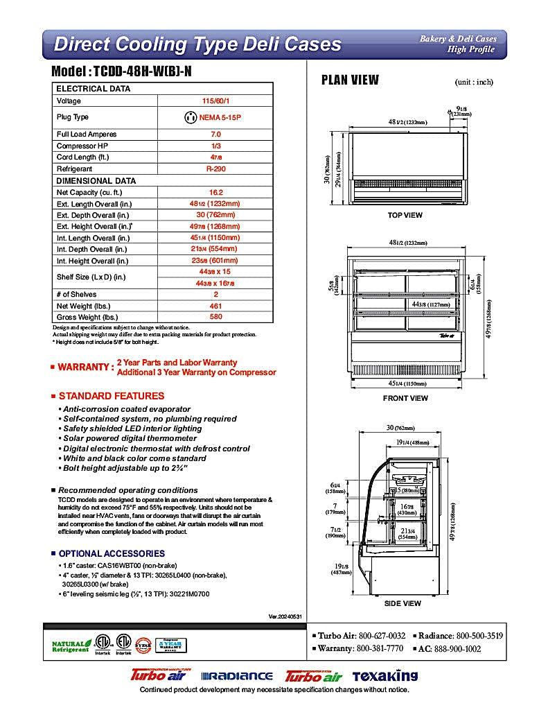Turbo Air TCDD-48H-B-N 48" Curved Glass Full-Service Deli Display Case, 3 Levels, Black Exterior, 115v - Donut-Equipment.com