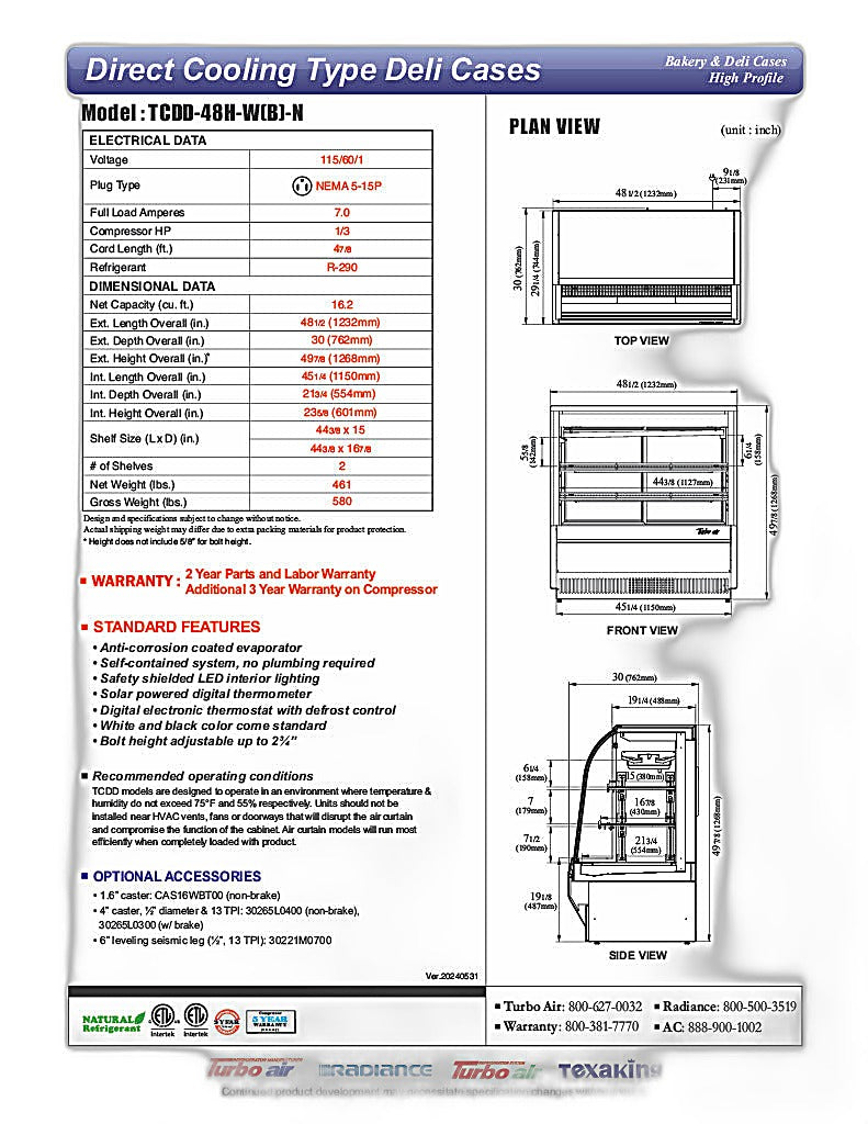 Turbo Air TCDD-48H-B-N 48" Curved Glass Full-Service Deli Display Case, 3 Levels, Black Exterior, 115v - Donut-Equipment.com