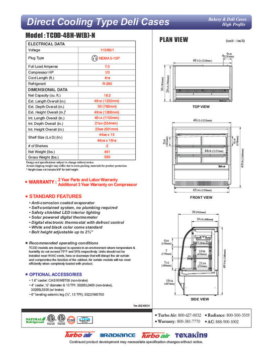 Turbo Air TCDD-48H-W-N 48" Curved Glass Full-Service Deli Display Case, 3 Levels, White Exterior, 115v - Bakery Wholesalers