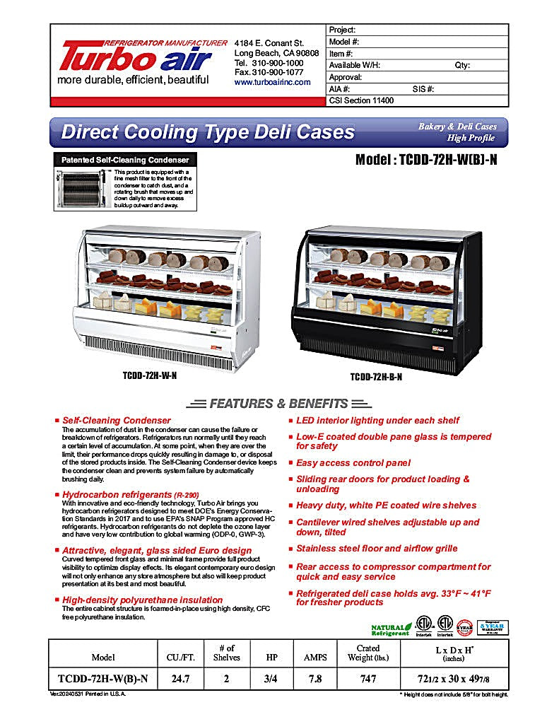 Turbo Air TCDD-72H-B-N 72" Curved Glass Full-Service Deli Display Case, 3 Levels, Black Exterior, 115v - Donut-Equipment.com