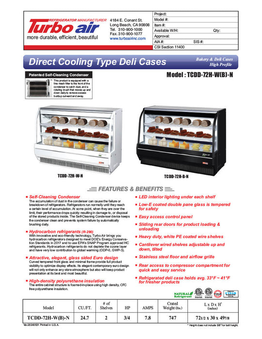 Turbo Air TCDD-72H-W-N 72" Curved Glass Full-Service Deli Display Case, 3 Levels, White Exterior, 115v - Bakery Wholesalers