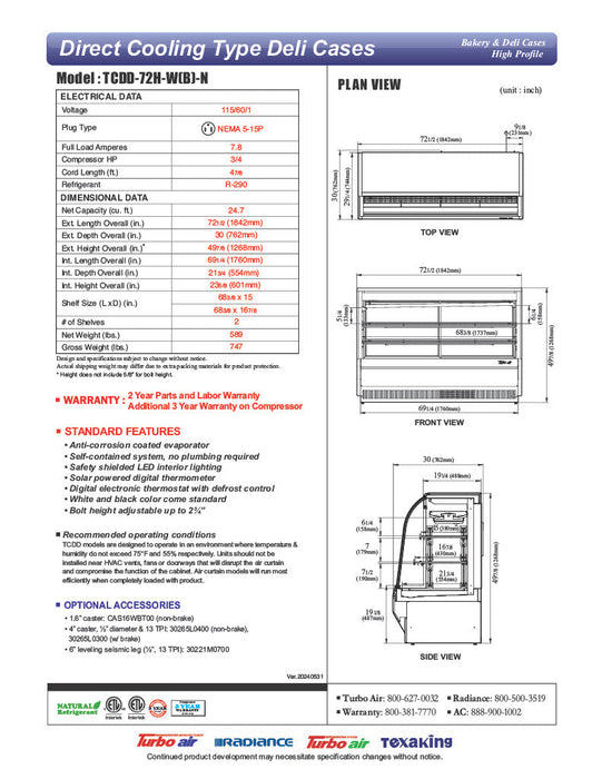Turbo Air TCDD-72H-B-N 72" Curved Glass Full-Service Deli Display Case, 3 Levels, Black Exterior, 115v - Bakery Wholesalers