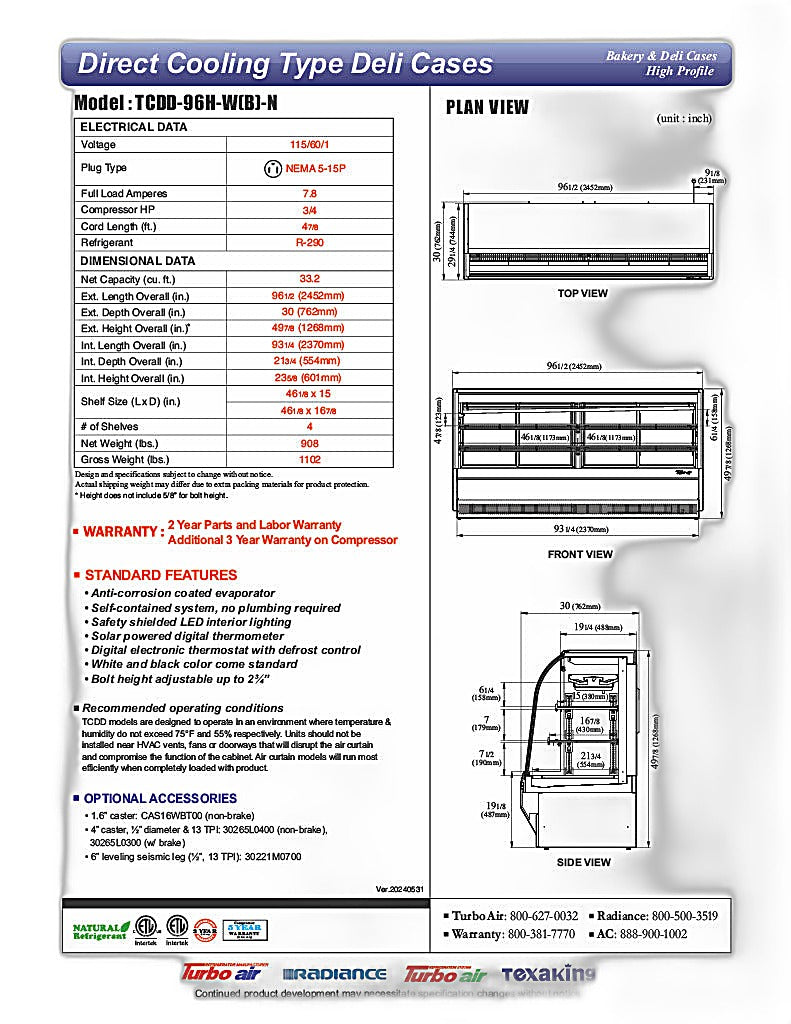 Turbo Air TCDD-96H-B-N 96-1/2" Curved Glass Full-Service Deli Display Case, 3 Levels, Black Exterior, 115v - Donut-Equipment.com