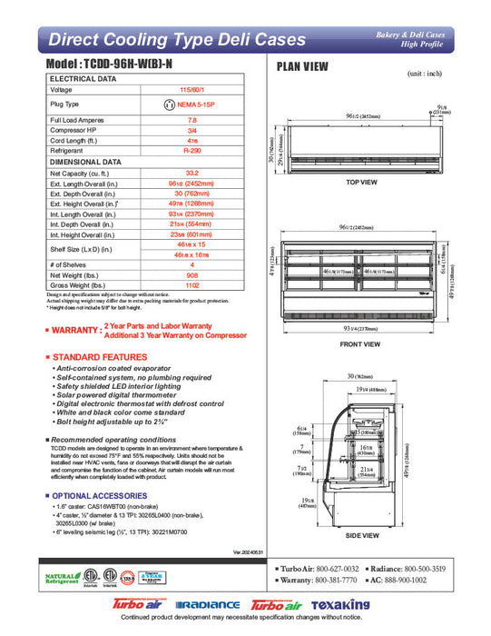 Turbo Air TCDD-96H-B-N 96-1/2" Curved Glass Full-Service Deli Display Case, 3 Levels, Black Exterior, 115v - Bakery Wholesalers