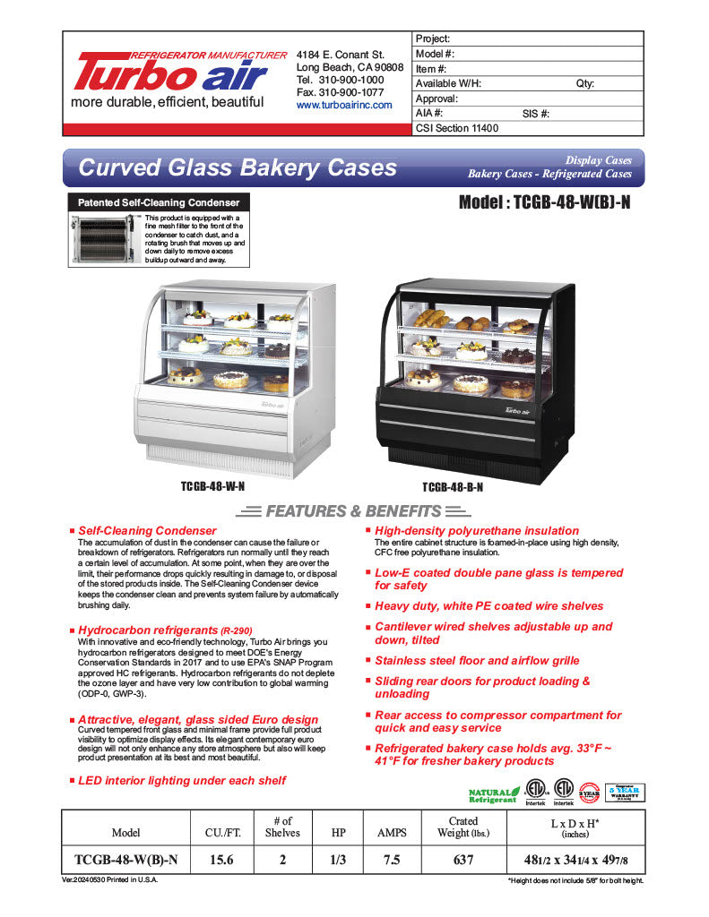Turbo Air TCGB-48-B-N 48-1/2" Curved Glass Full-Service Refrigerated Bakery Display Case, 3 Levels, Black Exterior, 115v - Donut-Equipment.com