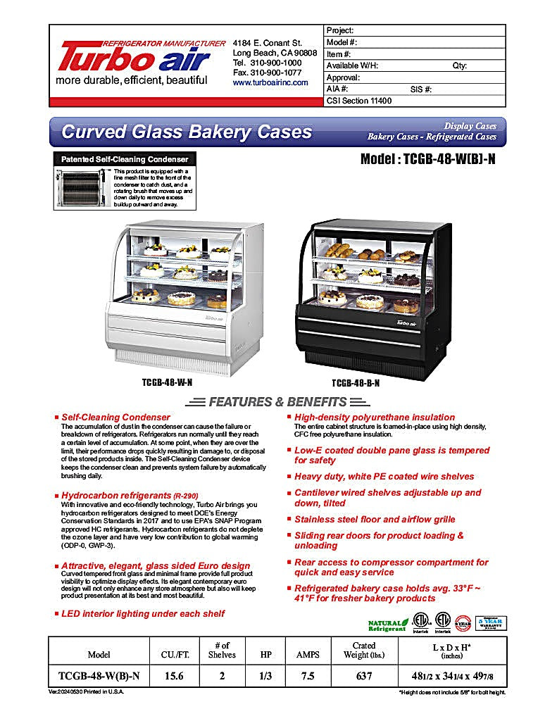 Turbo Air TCGB-48-B-N 48-1/2" Curved Glass Full-Service Refrigerated Bakery Display Case, 3 Levels, Black Exterior, 115v - Donut-Equipment.com