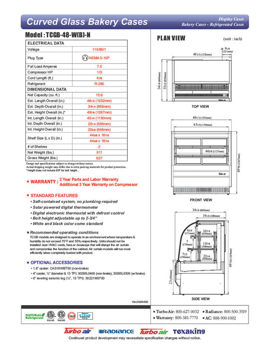 Turbo Air TCGB-48-B-N 48-1/2" Curved Glass Full-Service Refrigerated Bakery Display Case, 3 Levels, Black Exterior, 115v - Bakery Wholesalers