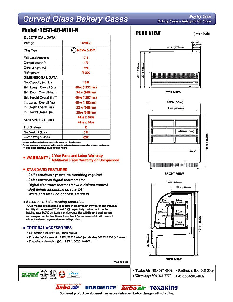 Turbo Air TCGB-48-B-N 48-1/2" Curved Glass Full-Service Refrigerated Bakery Display Case, 3 Levels, Black Exterior, 115v - Donut-Equipment.com