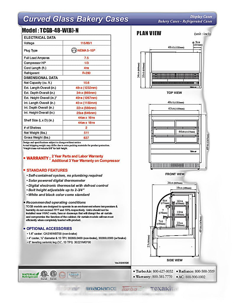 Turbo Air TCGB-48-B-N 48-1/2" Curved Glass Full-Service Refrigerated Bakery Display Case, 3 Levels, Black Exterior, 115v - Donut-Equipment.com