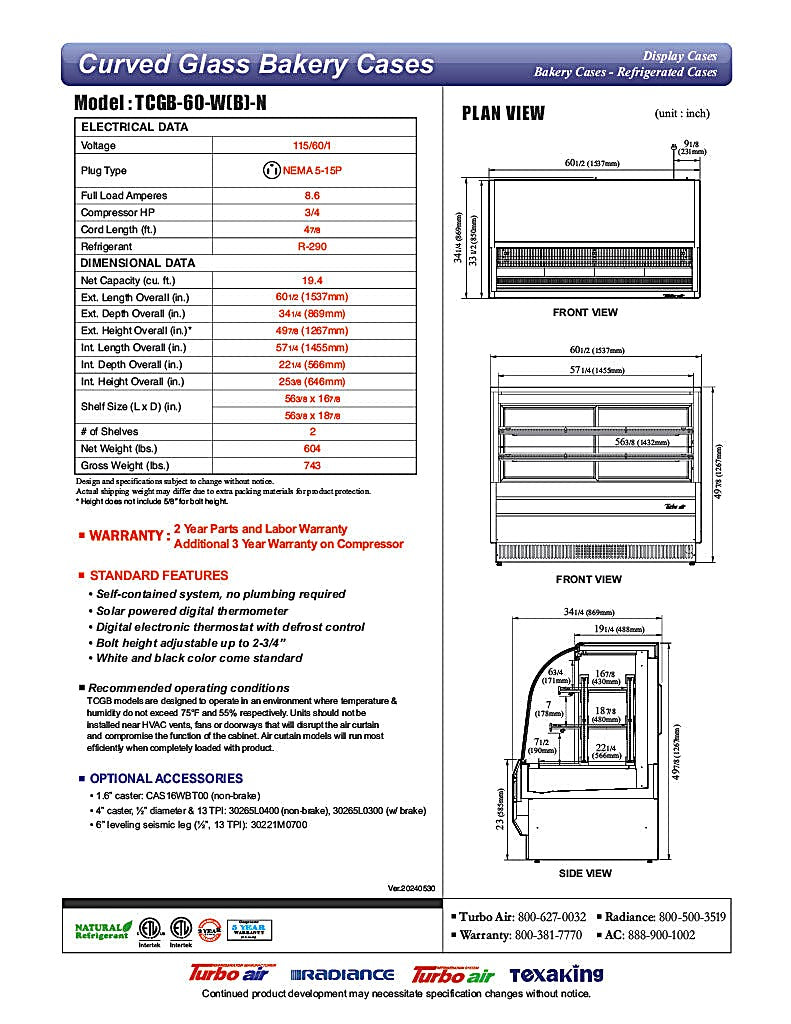 Turbo Air TCGB-60-B-N 60-1/2" Curved Glass Full-Service  Refrigerated Bakery Display Case, 3 Levels, Black Exterior, 115v - Donut-Equipment.com