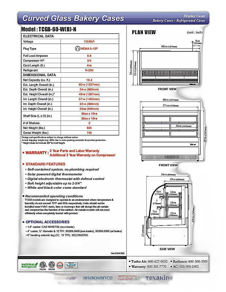Turbo Air TCGB-60-B-N 60-1/2" Curved Glass Full-Service  Refrigerated Bakery Display Case, 3 Levels, Black Exterior, 115v - Donut-Equipment.com