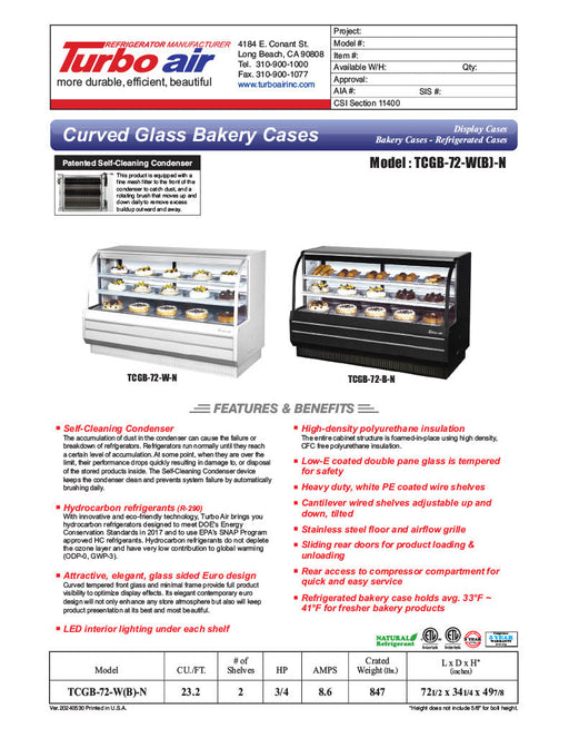 Turbo Air TCGB-72-W-N 72-1/2" Curved Glass Refrigerated Full-Service Bakery Display Case, 3 Levels, White Exterior, 115v - Bakery Wholesalers