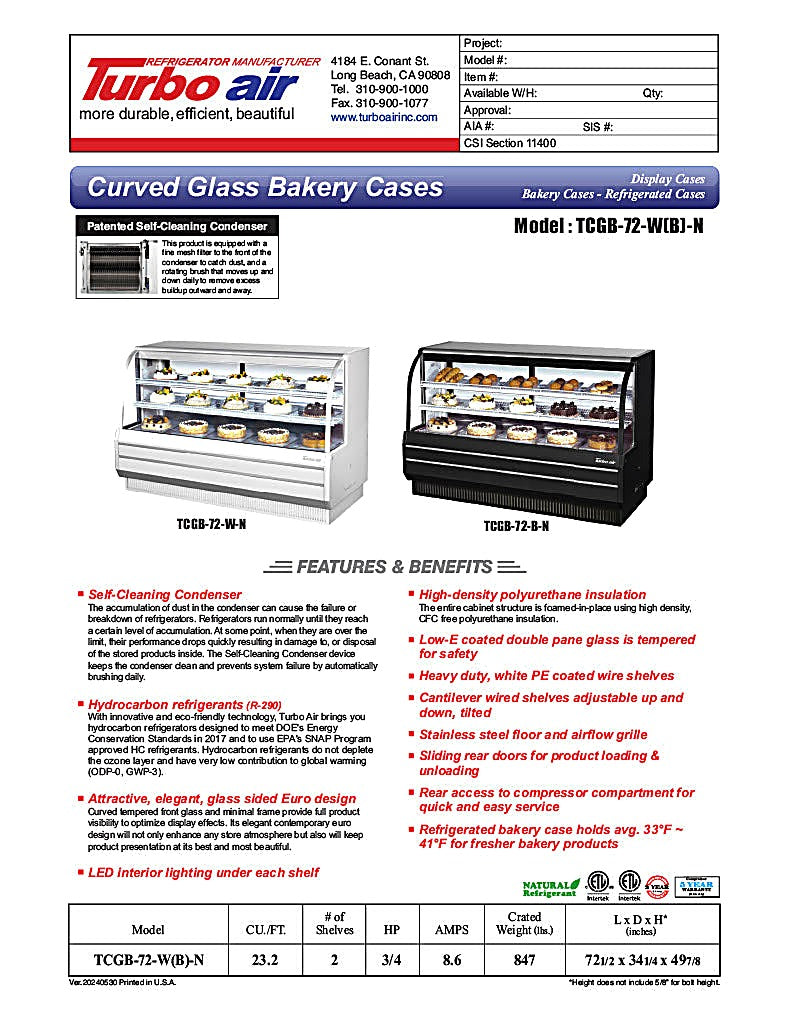 Turbo Air TCGB-72-B-N 72-1/2" Curved Glass Full-Service Refrigerated Bakery Display Case, 3 Levels, Black Exterior, 115v - Donut-Equipment.com
