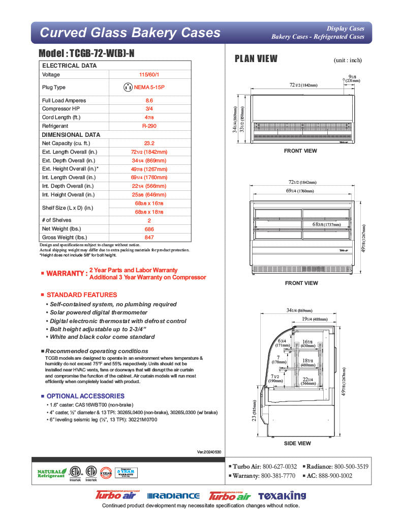 Turbo Air TCGB-72-B-N 72-1/2" Curved Glass Full-Service Refrigerated Bakery Display Case, 3 Levels, Black Exterior, 115v - Donut-Equipment.com