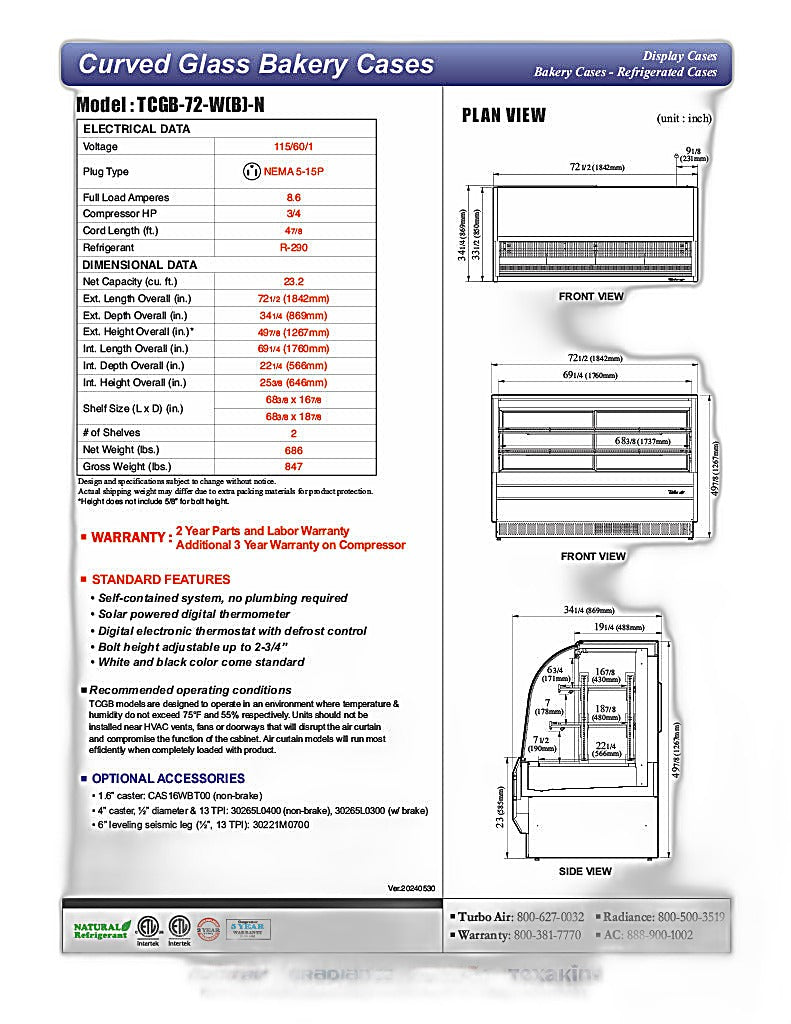 Turbo Air TCGB-72-B-N 72-1/2" Curved Glass Full-Service Refrigerated Bakery Display Case, 3 Levels, Black Exterior, 115v - Donut-Equipment.com