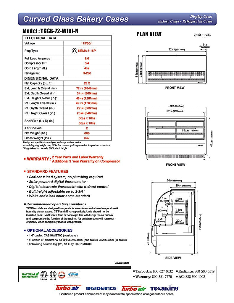 Turbo Air TCGB-72-B-N 72-1/2" Curved Glass Full-Service Refrigerated Bakery Display Case, 3 Levels, Black Exterior, 115v - Donut-Equipment.com