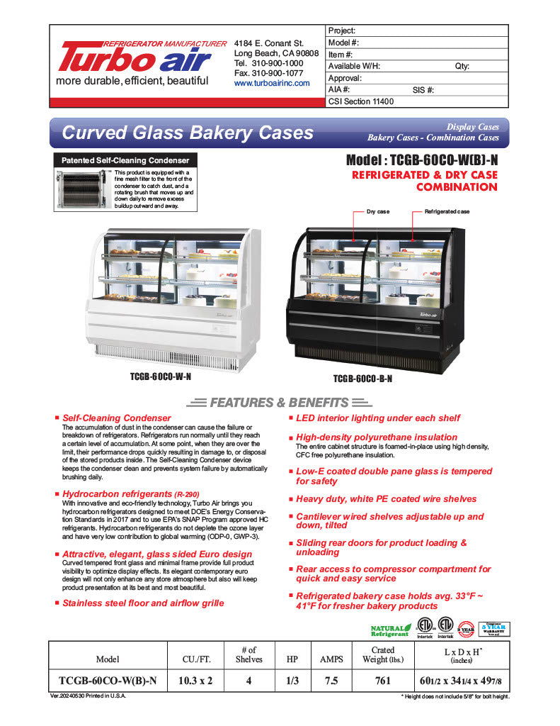 Turbo Air TCGB-60CO-B-N 60-1/2" Curved Glass Full-Service Dual Zone Dry/Refrigerated Bakery Display Case, 3 Levels, Black Exterior, 115v - Donut-Equipment.com
