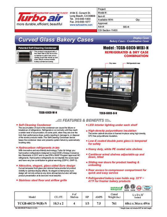 Turbo Air TCGB-60CO-B-N 60-1/2" Curved Glass Full-Service Dual Zone Dry/Refrigerated Bakery Display Case, 3 Levels, Black Exterior, 115v - Bakery Wholesalers