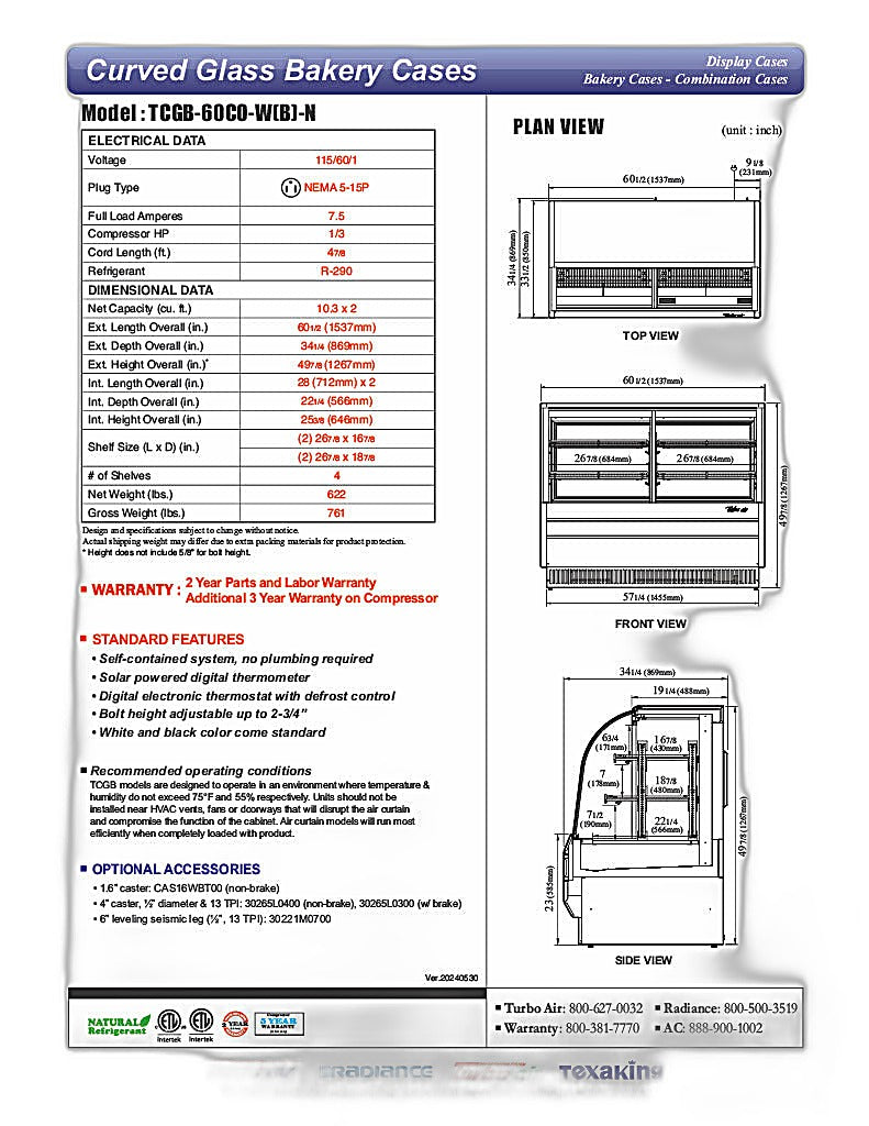 Turbo Air TCGB-60CO-B-N 60-1/2" Curved Glass Full-Service Dual Zone Dry/Refrigerated Bakery Display Case, 3 Levels, Black Exterior, 115v - Donut-Equipment.com