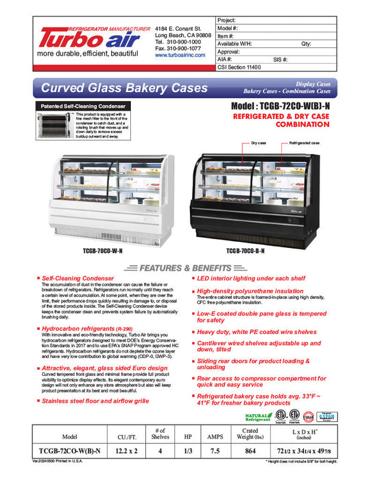 Turbo Air TCGB-72CO-W-N 72" Curved Glass Full-Service Dual Zone Dry/Refrigerated Bakery Display Case, 3 Levels, White Exterior, 115v - Bakery Wholesalers