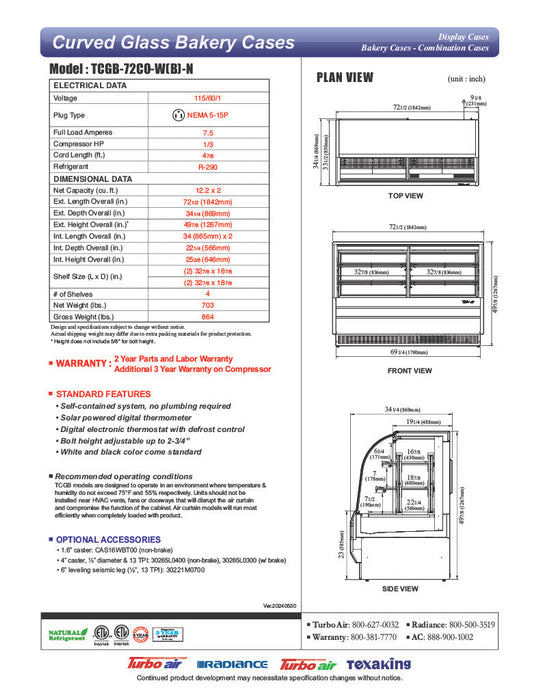 Turbo Air TCGB-72CO-B-N 72" Curved Glass Full-Service Dual Zone Dry/Refrigerated Bakery Display Case, 3 Levels, Black Exterior, 115v - Bakery Wholesalers