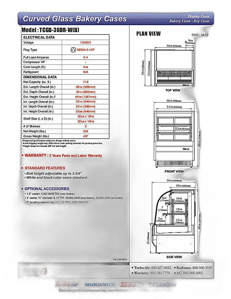 Turbo Air TCGB-36DR-B 36-1/2" Curved Glass Full-Service Dry Bakery Display Case, 3 Levels, Black Exterior, 115v - Donut-Equipment.com