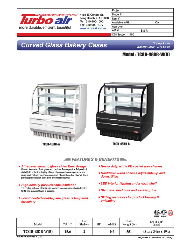 Turbo Air TCGB-48DR-B 48-1/2" Curved Glass Full-Service Dry Bakery Display Case, 3 Levels, Black Exterior, 115v - Donut-Equipment.com