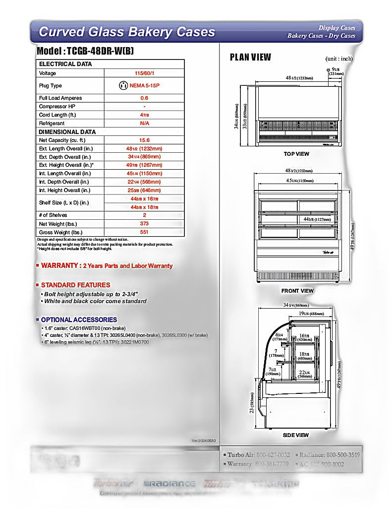 Turbo Air TCGB-48DR-B 48-1/2" Curved Glass Full-Service Dry Bakery Display Case, 3 Levels, Black Exterior, 115v - Donut-Equipment.com